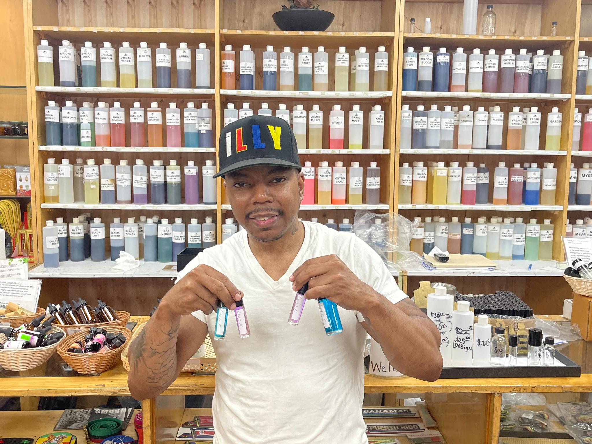 Our full wall of fragrance body oils at Nicholas Brooklyn